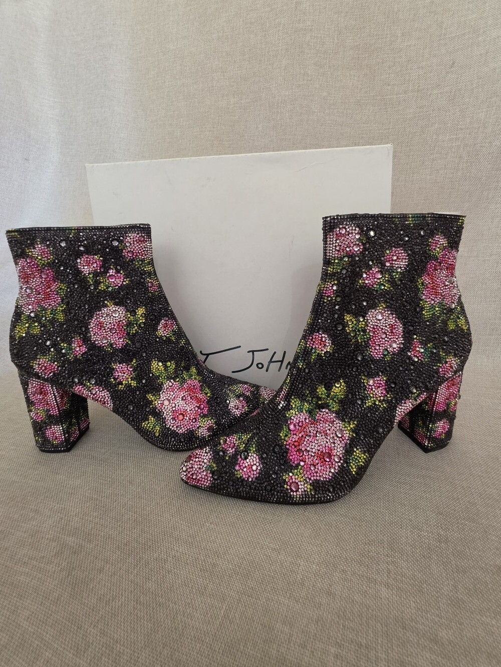 Betsey Johnson Embellished Floral Ankle Boots - Black with Pink Roses 8.5